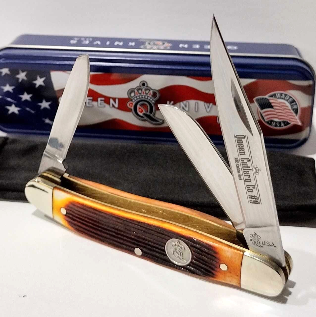 Queen USA Amber Winter Bottom Jigged Bone Stockman Folding Pocket Knife QAWB47 Queen USA Amber Winter Bottom Jigged Bone Stockman Folding Pocket Knife QAWB47