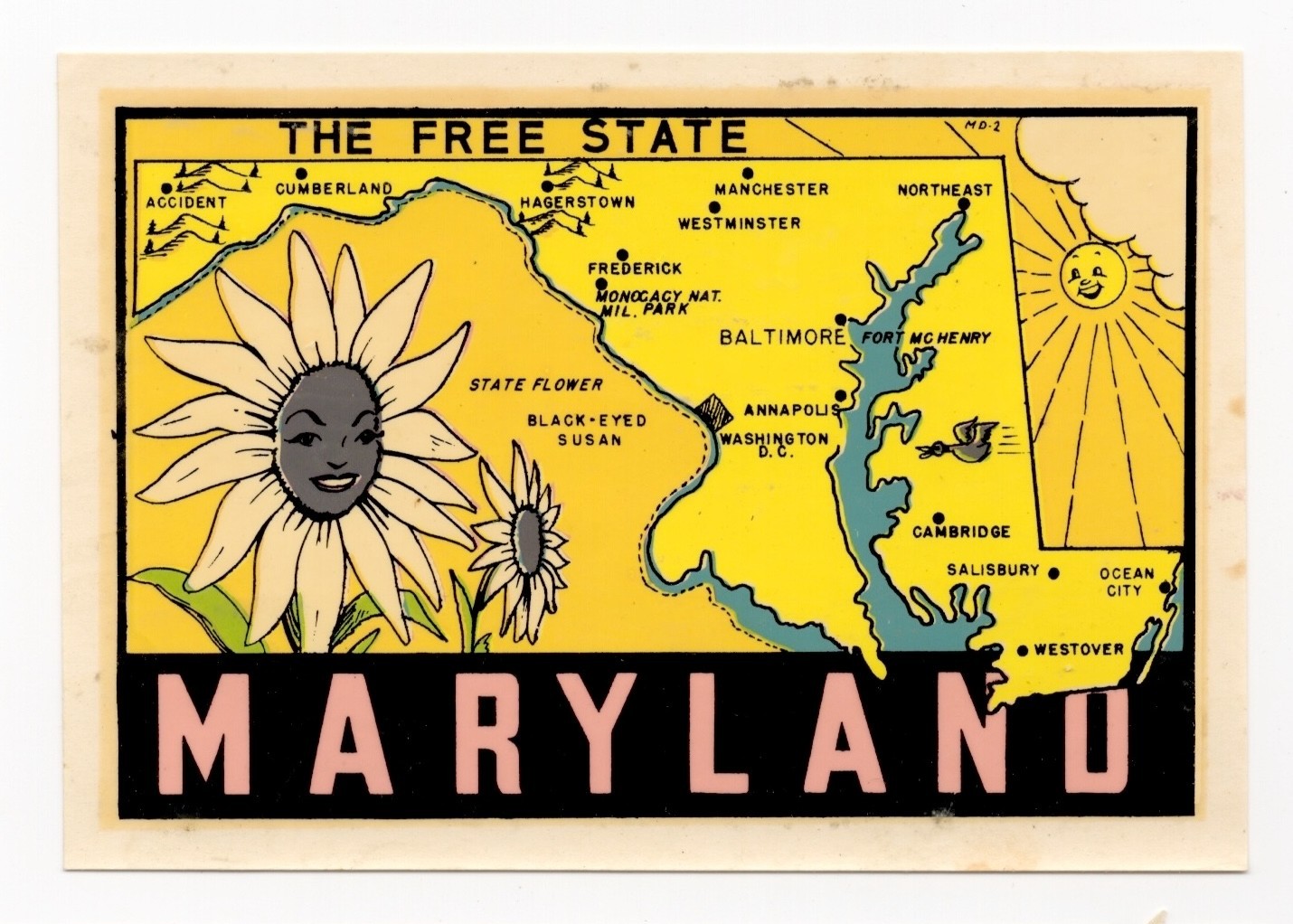Vtg 1950s Maryland The Free State Souvenir Window Decal Map Lindgren Turner MD-2