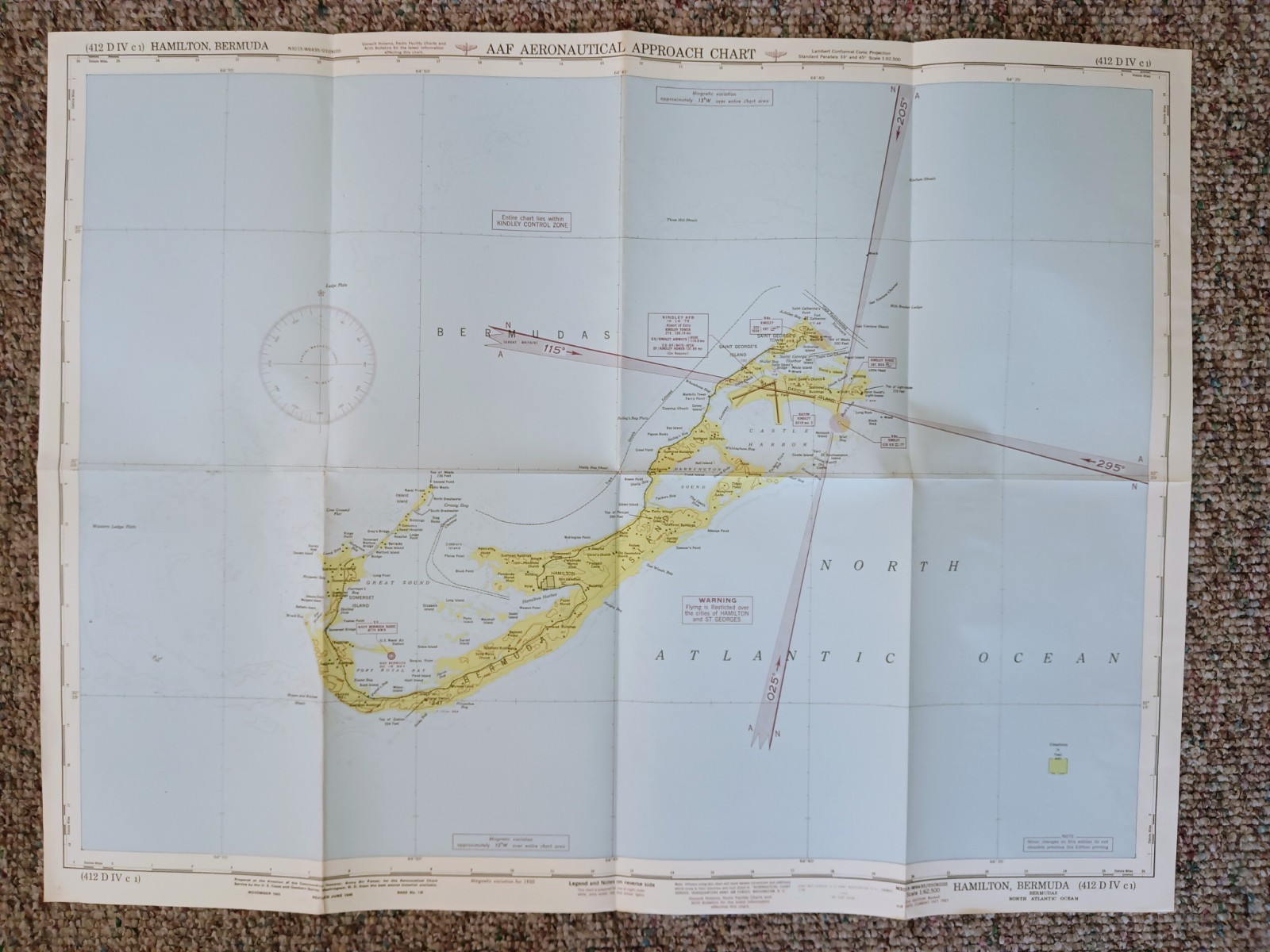Hamilton Bermuda AAF Aeronautical Approach Chart 1944 Army Air Forces Map 