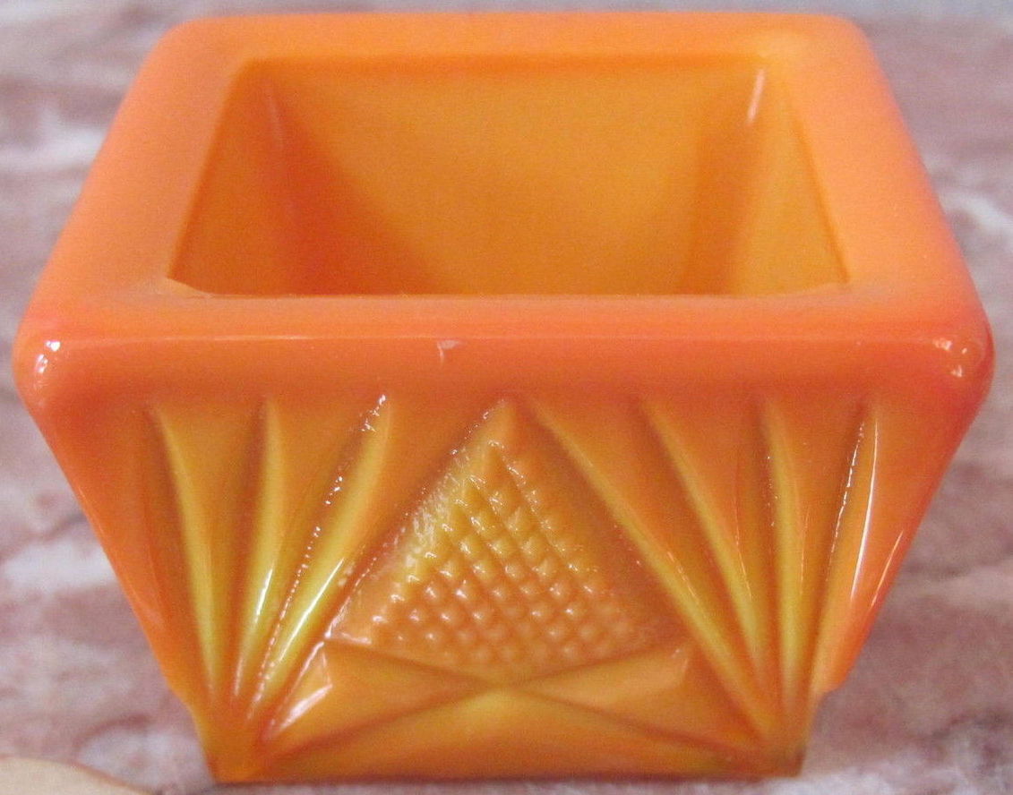 Salt Cellar Dip - Square Pineapple Pattern - Orange & Yellow Marble Glass - USA