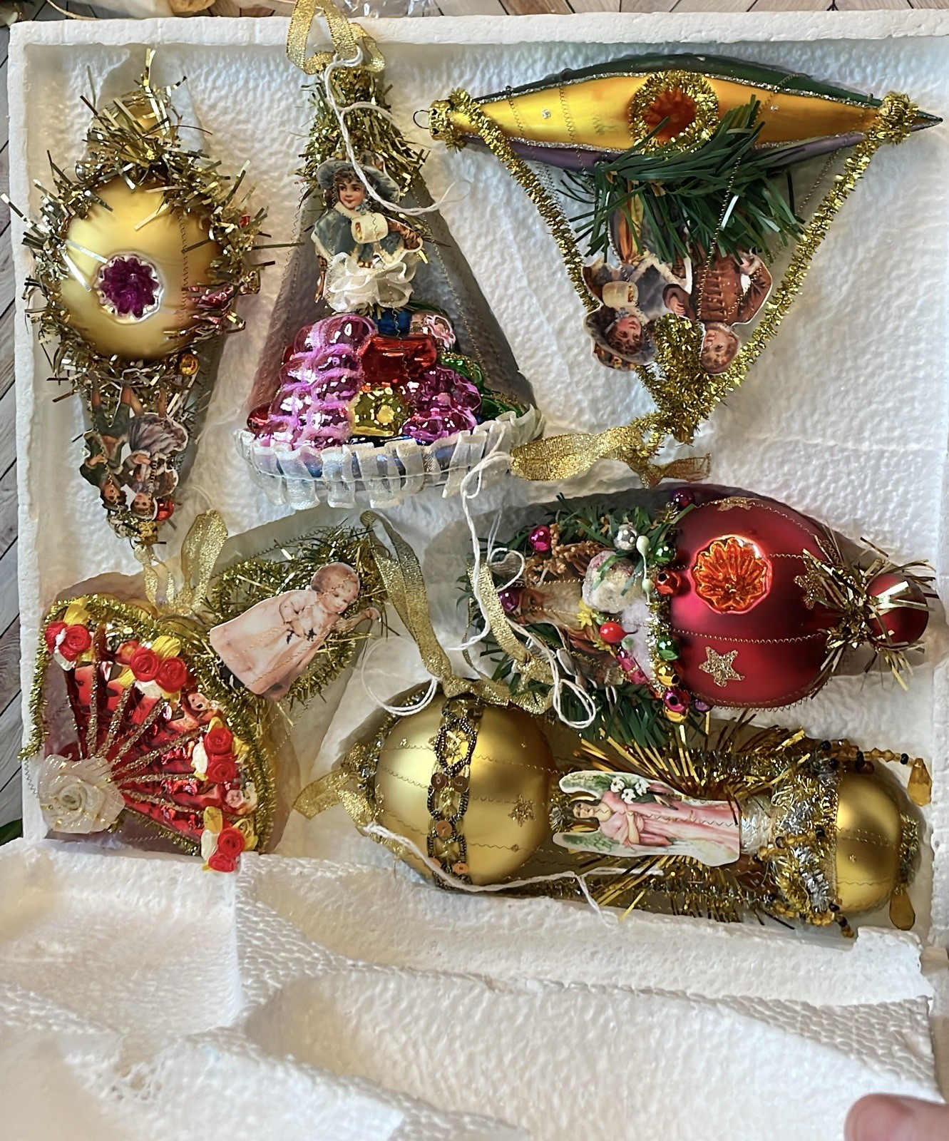 Set of 6 Vintage Dresden Glass Christmas Ornaments No Outer Box