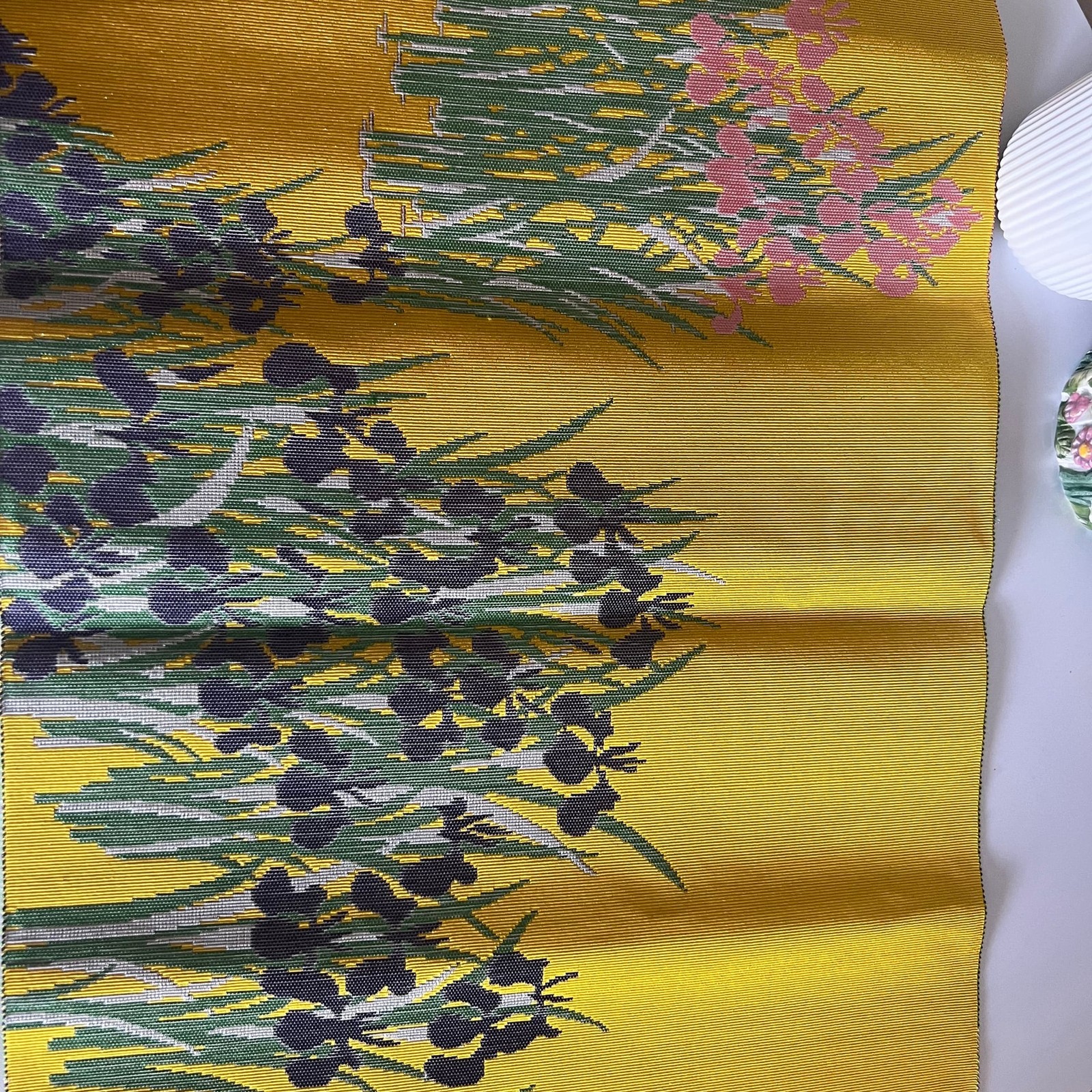 Vintage Japanese Silk Table Linen Hakata Weaving Irises Silk Woven 24x12.5