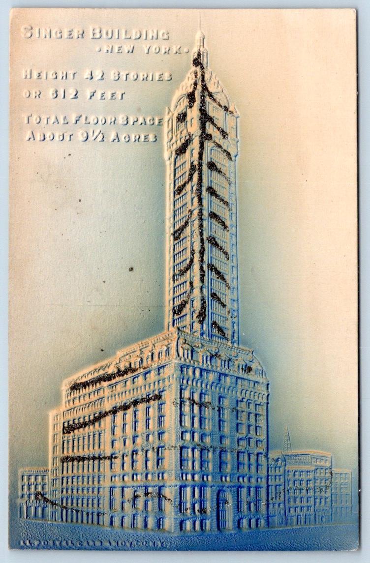 1910's NEW YORK CITY NYC SINGER BUILDING AIRBRUSHED BLUE MICA GLITTER POSTCARD