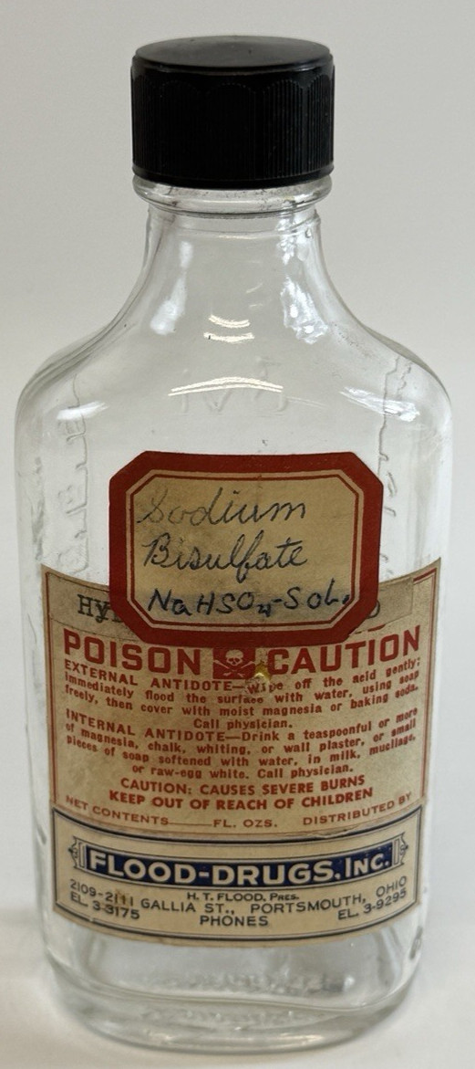 Vintage Flood Drugs Inc Poison Bottle Sodium Bisulfate Portsmouth OH Pharmacy