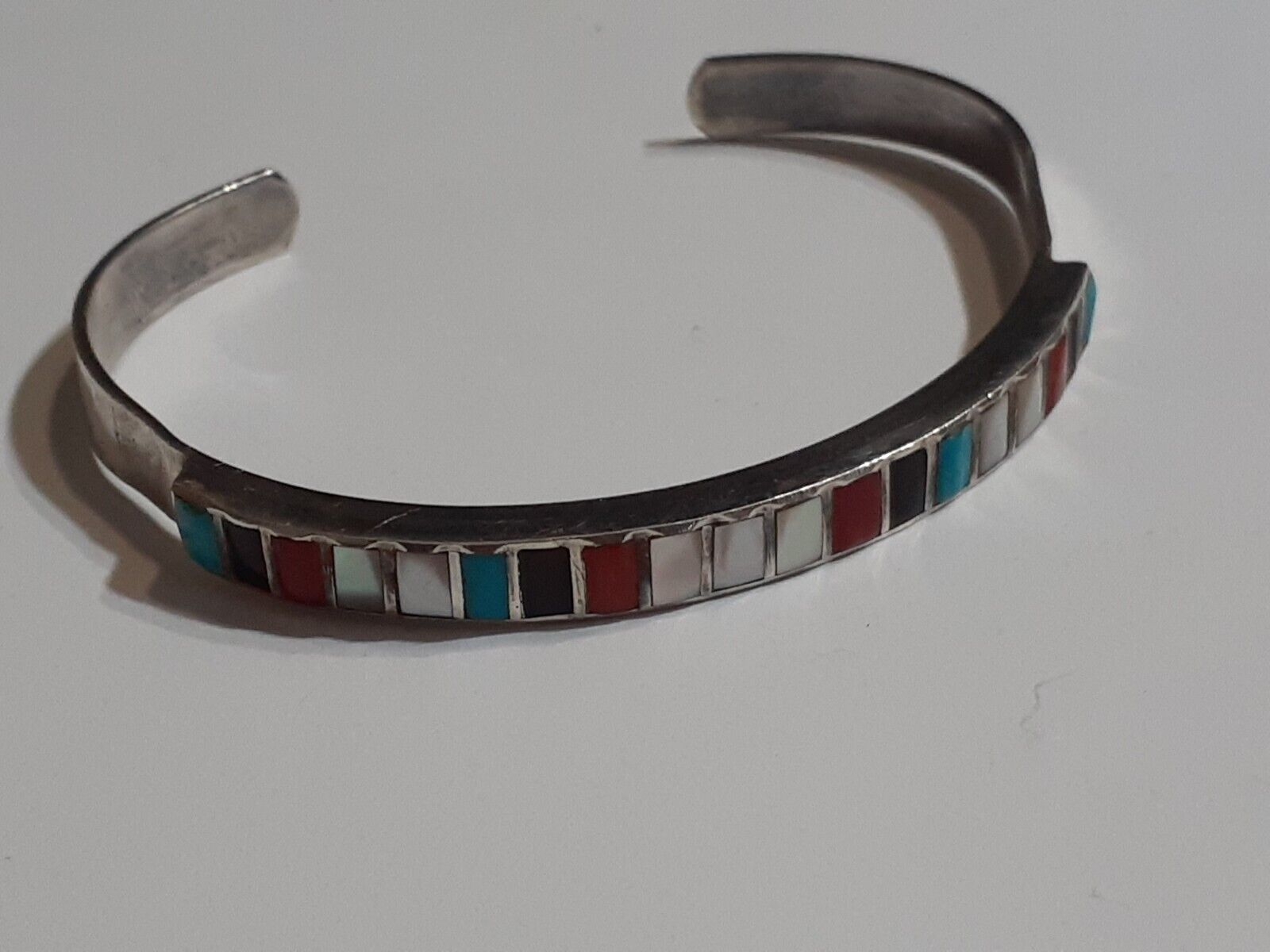 Zuni Or Navajo Multi-Stone Inlay Sterling Silver 925 Turquoise Coral Bracelet