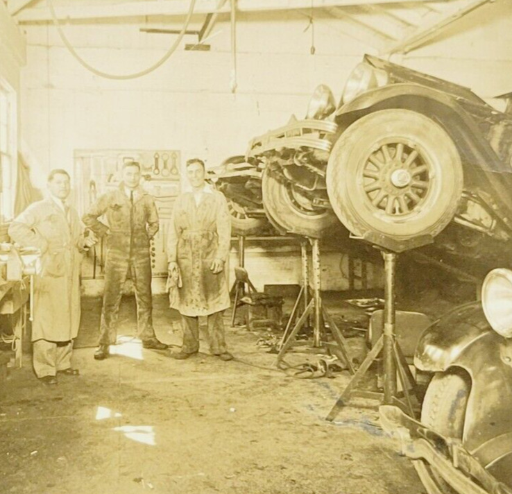 c1925 Antique Photo Auto Garage Showing Cars & Mechanics Sepia Suits