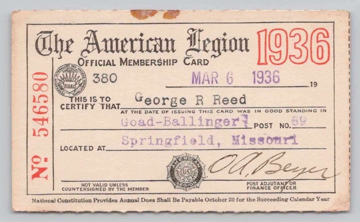 1936 American Legion Membership Card, Springfield, Missouri MO