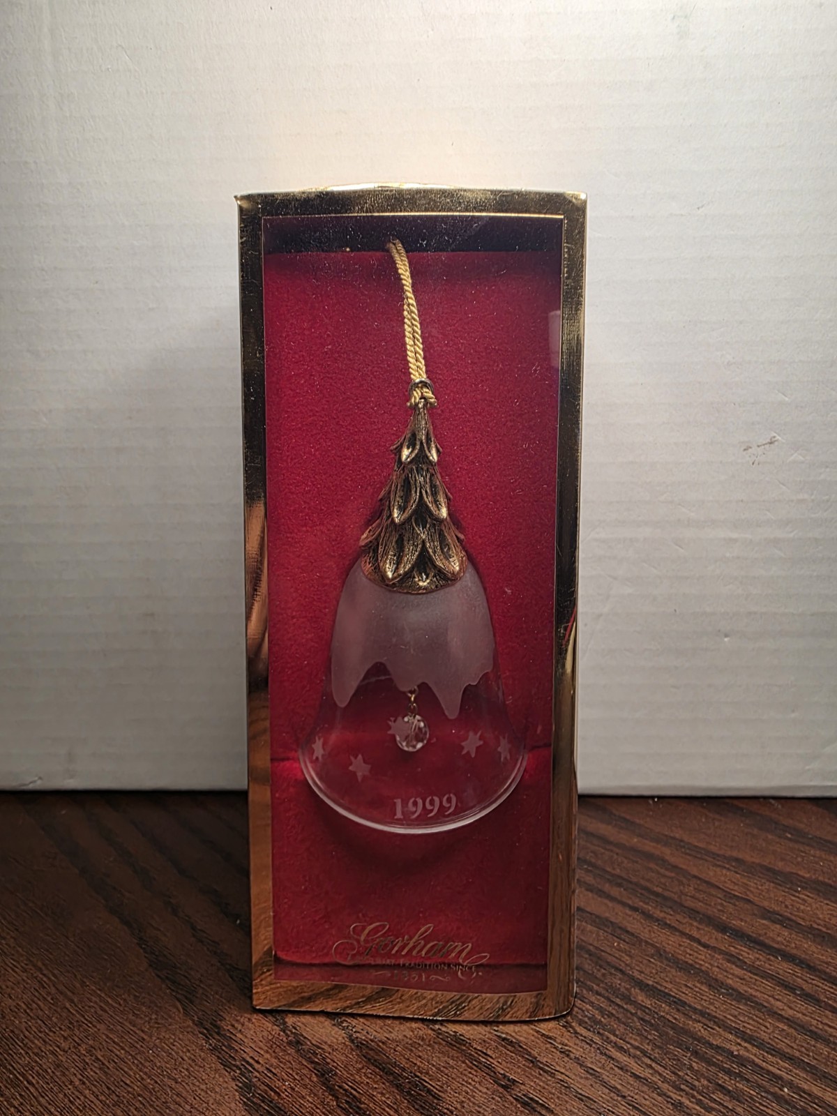 Vintage 1999 Gorham Bell with Christmas Tree Ornament in Box 4 Inches Long 