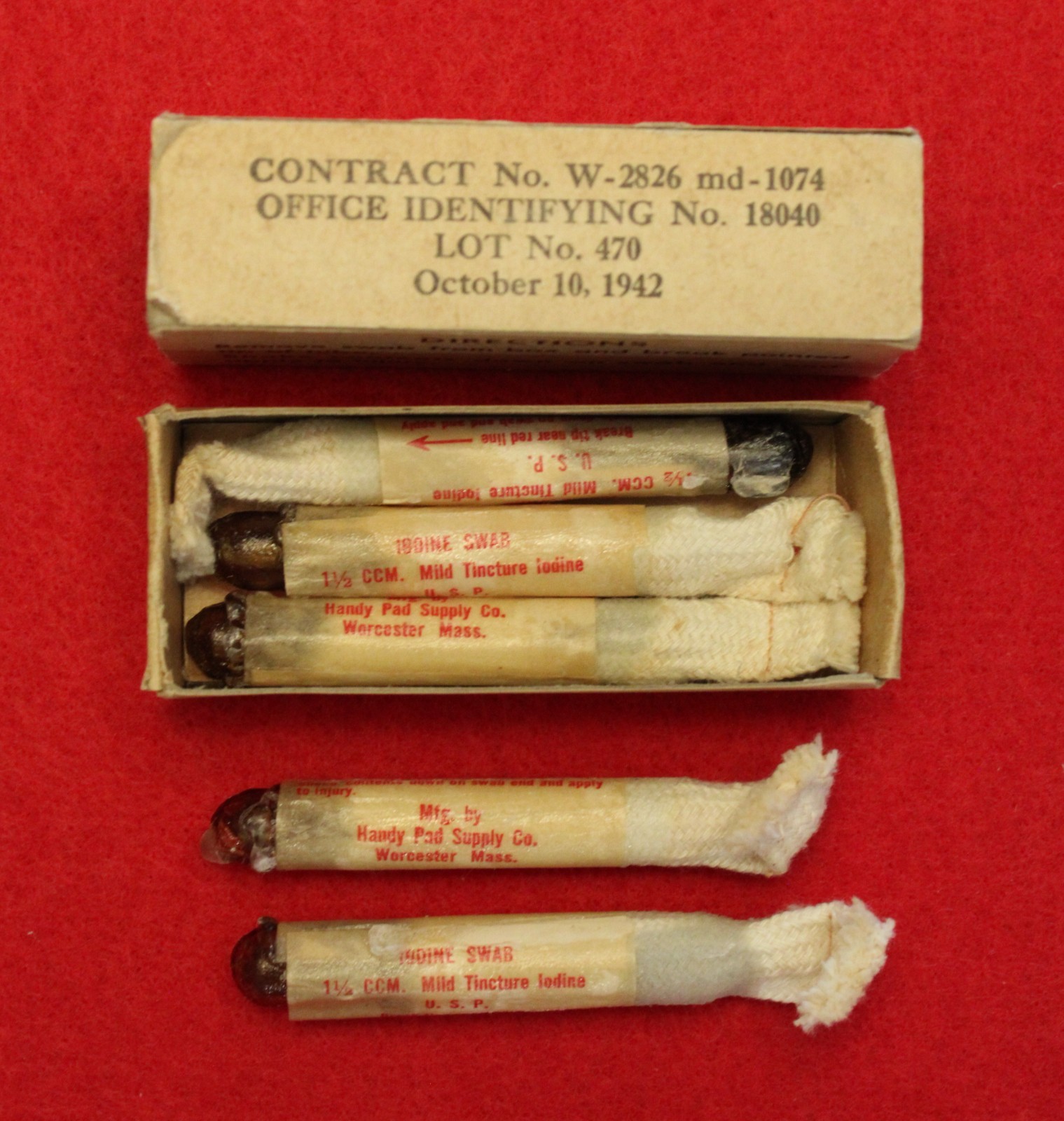WWII Period U.S. First Aid Iodine Swabs In Original Box ~ Dated 1942
