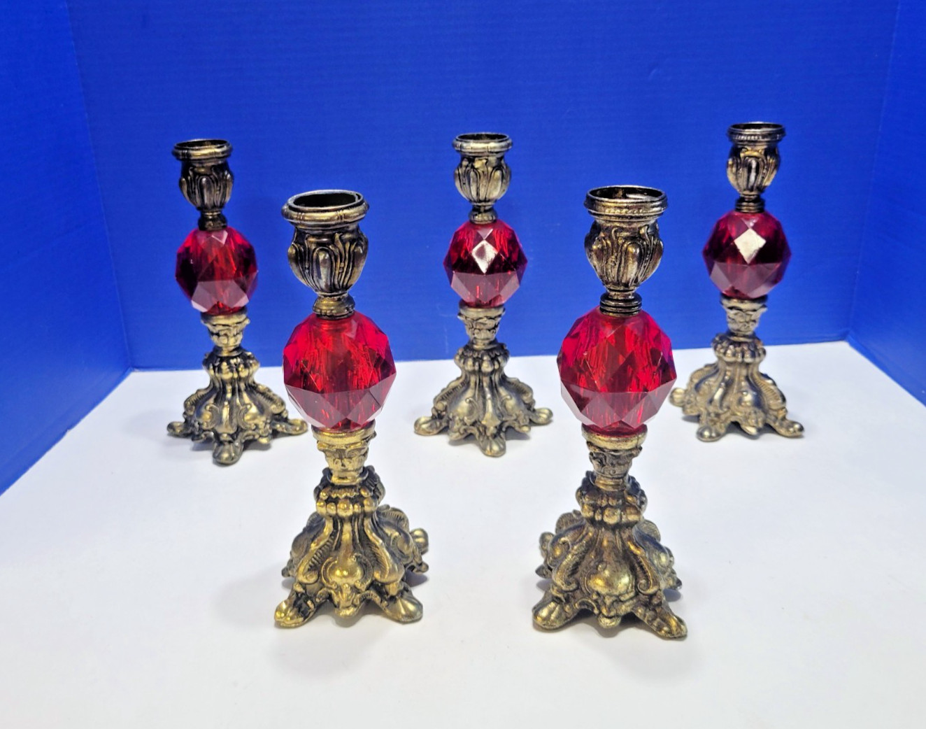 Vintage Red Lucite Gems Candlestick Holders Set of 5