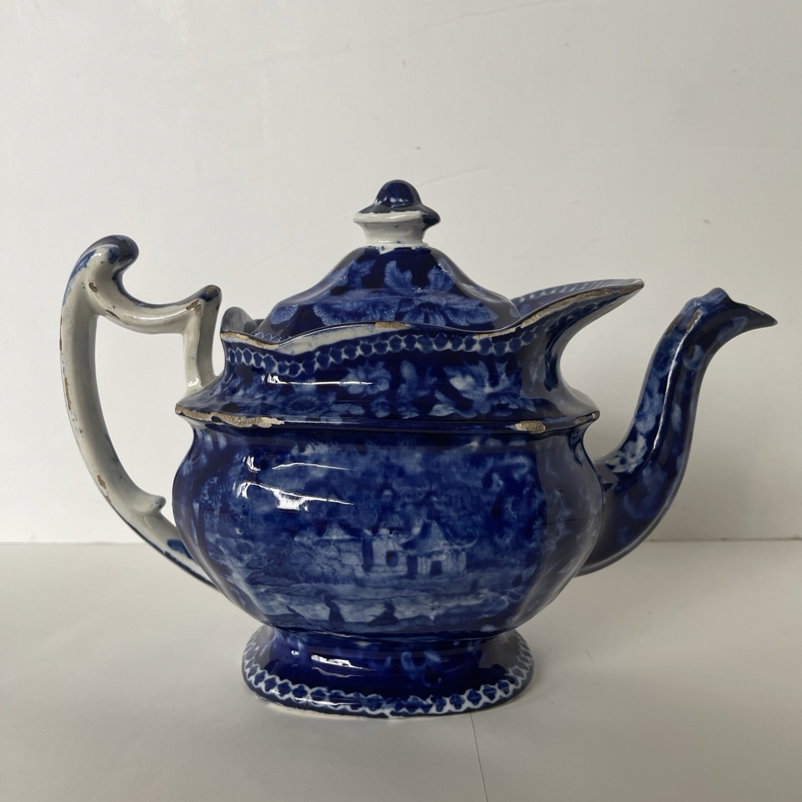 Antique Historical Staffordshire Blue Transferware Teapot 1820s Cottage Village
