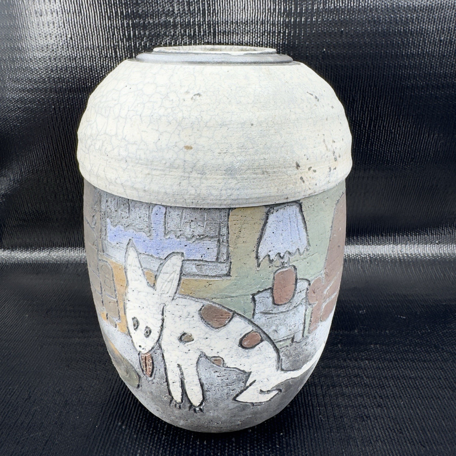 Vintage Hand Made Raku Pottery Large Vase Vessel Dog Fish Couch Signed READ Vintage Hand Made Raku Pottery Large Vase Vessel Dog Fish Couch Signed READ