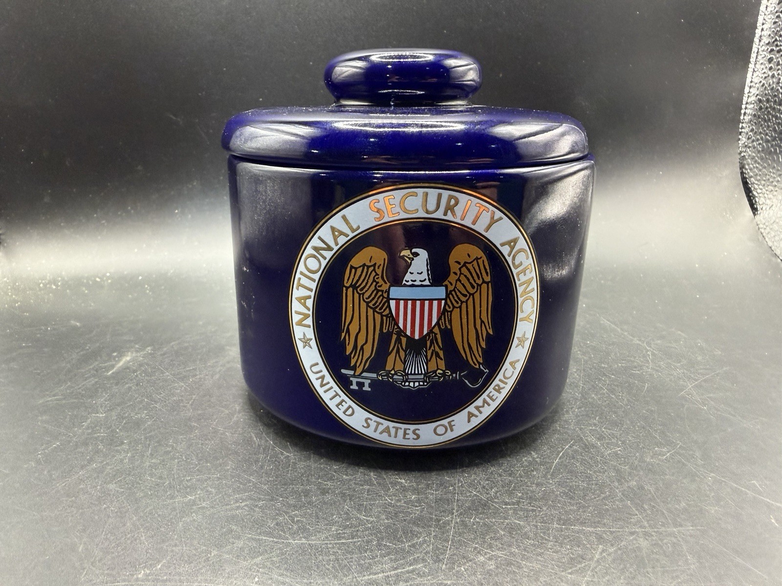 Vintage NSA National Security Agency Cobalt Blue Ceramic Lidded Candy Dish Jar 