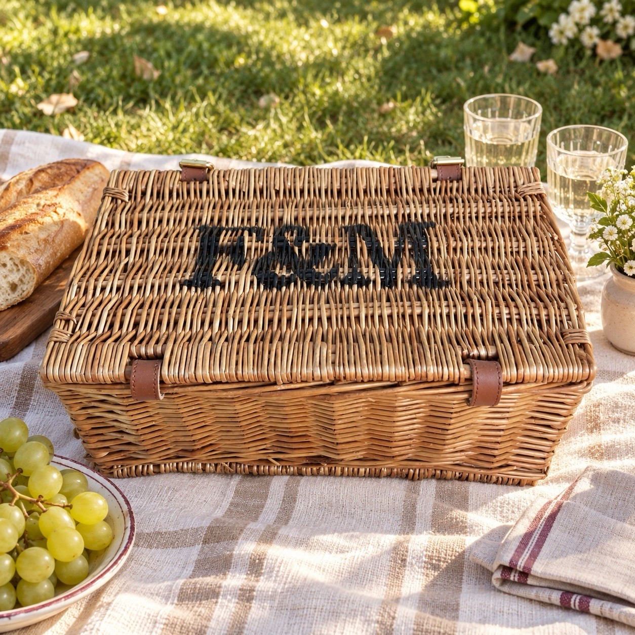 Fortnum & Mason F&M Wicker Picnic Basket Hamper, Leather Straps London England Fortnum & Mason F&M Wicker Picnic Basket Hamper, Leather Straps London England
