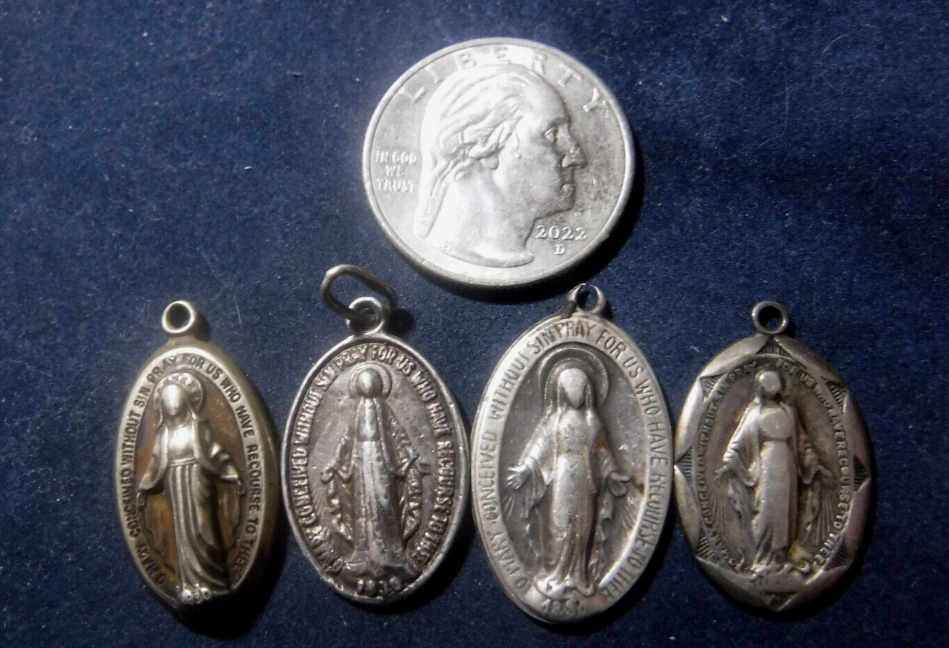 Sterling Silver Catholic Miraculous Medals Lot of Four Worn Vintage Meals