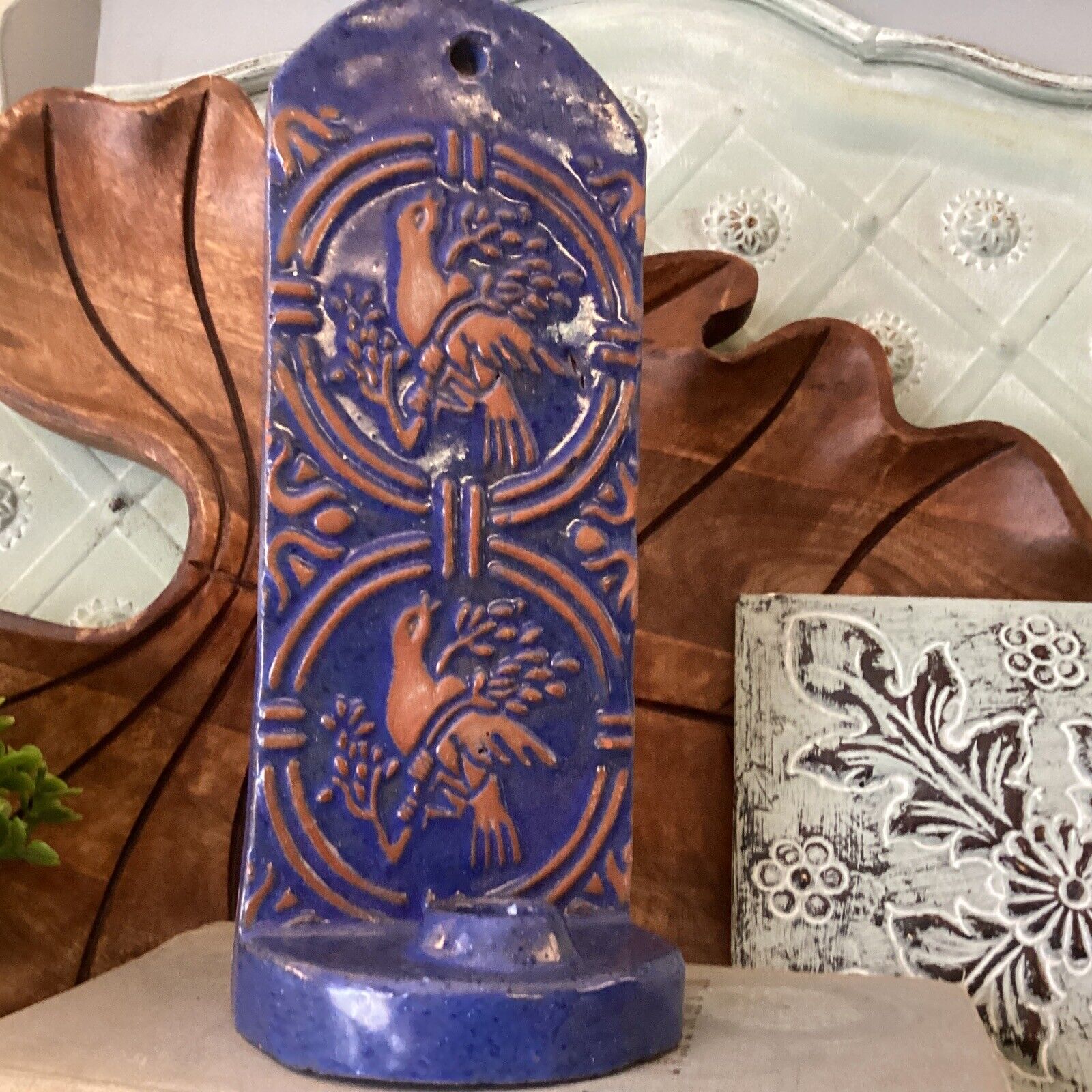 Mercer Moravian Pottery & Tile Works Rare Wall Hanging Candle Holder Bird Blue