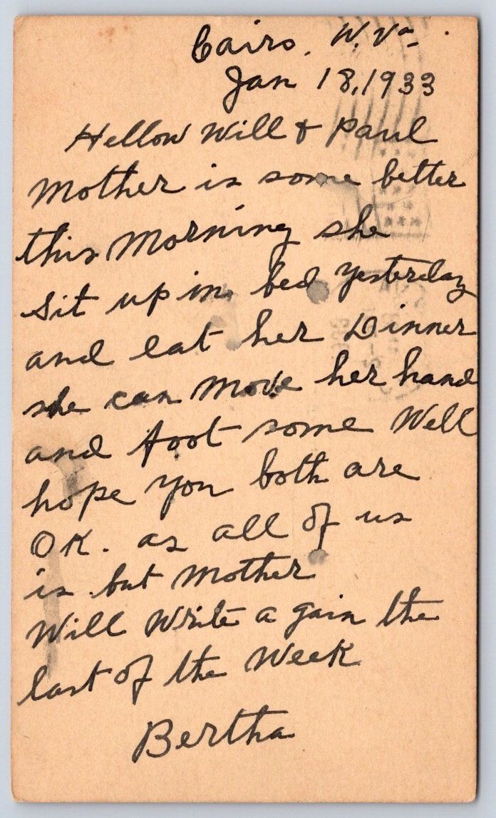 Antique West Virginia Postcard CAIRO 1933 Family Health Message