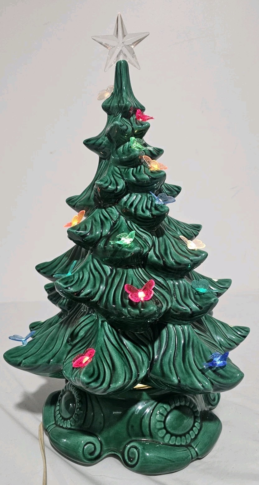 Atlantic Mold Vintage 1987 Ceramic 16 Inch Christmas Tree Scroll Base Butterfly 