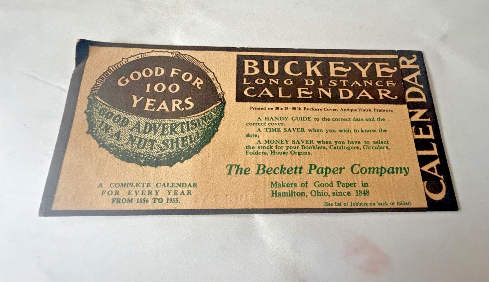 Vintage 1955 Beckett Paper Co Buckeye 100 Year Perpetual Calendar Hamilton Ohio