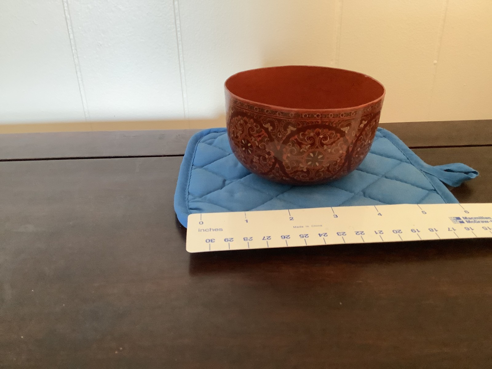 Vintage Chinese or Japanes Red Lacquer Bowl Gilt Floral Scroll Decoration