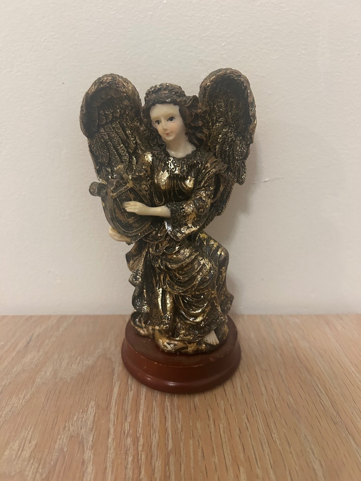 Vintage Angel Figurine with Harp on Round Base