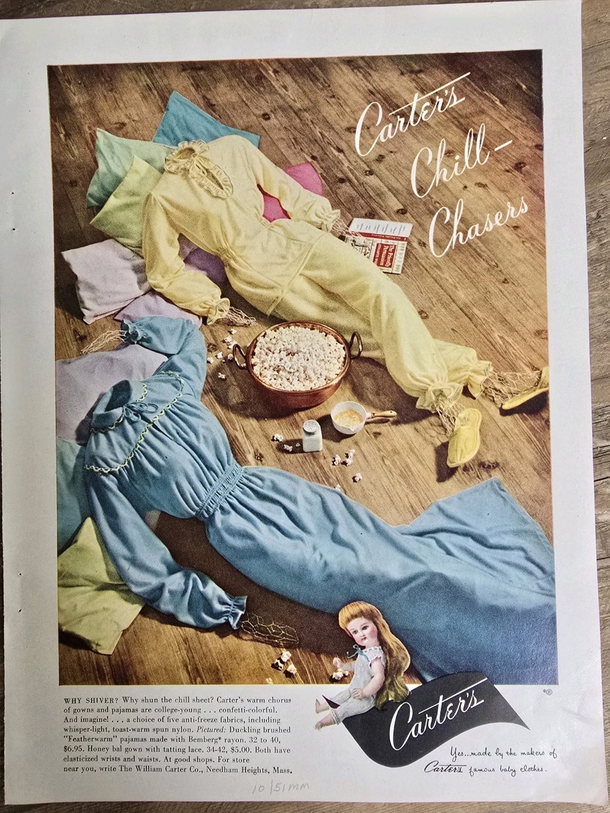 1951 Women's Carter's Pajamas Gown Chill Chasers Lingerie Vintage fashion ad