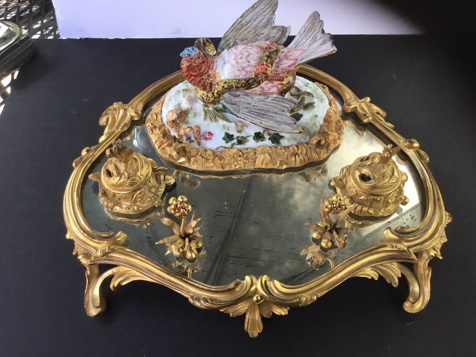 VERY RARE 1850’s FRENCH GILT/MAJOLICA INKWELL DESK SET MUST SEE WOW