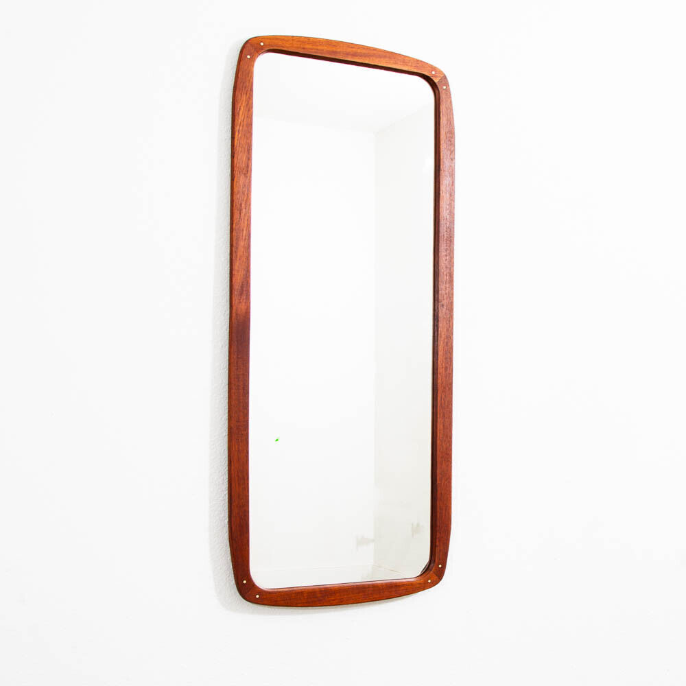 Mid Century Danish Modern Rounded Mirror Wall Hanging Solid Teak Abstract Mcm