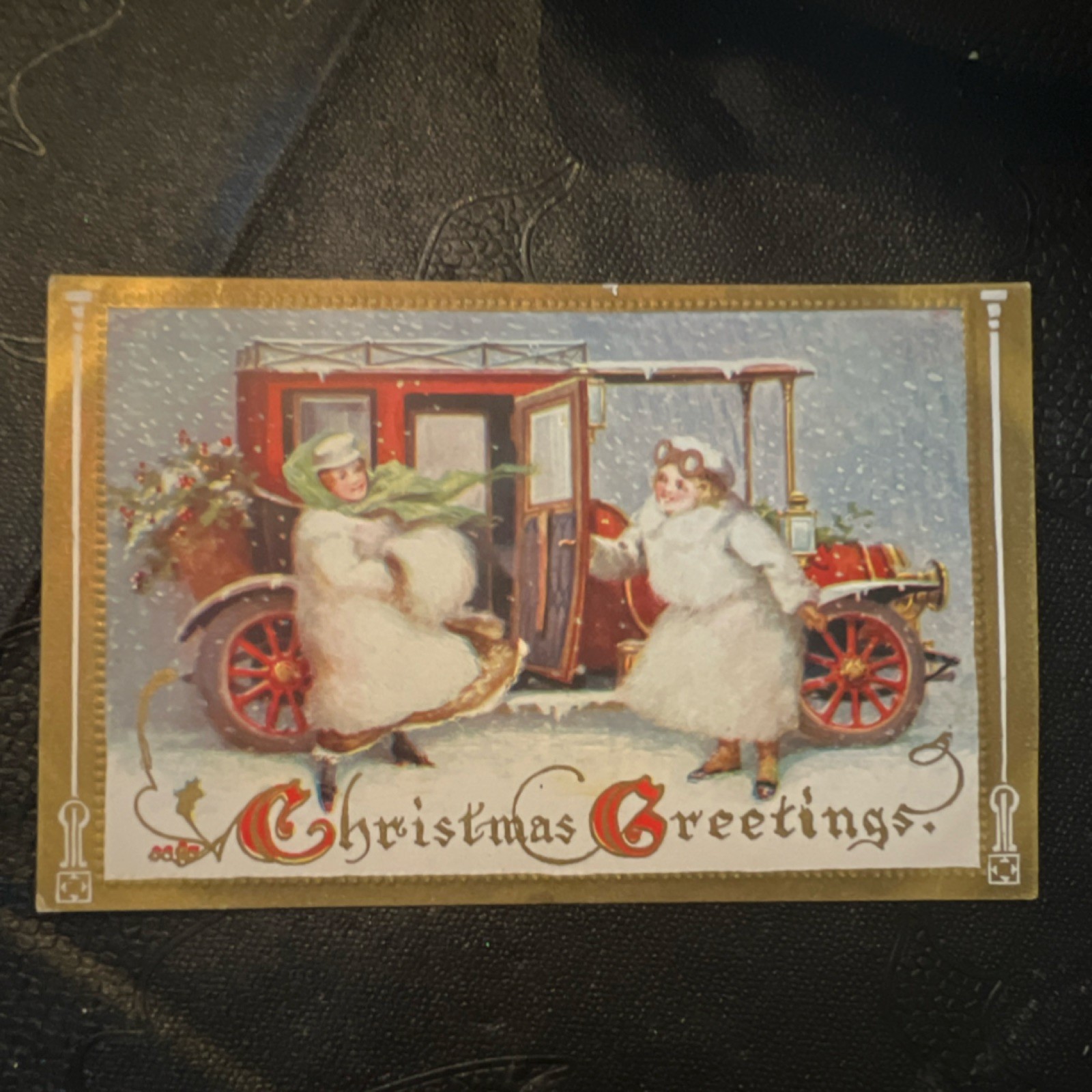 Vintage Christmas Greetings Postcard Red Car Snow Scene Multicolor Paper