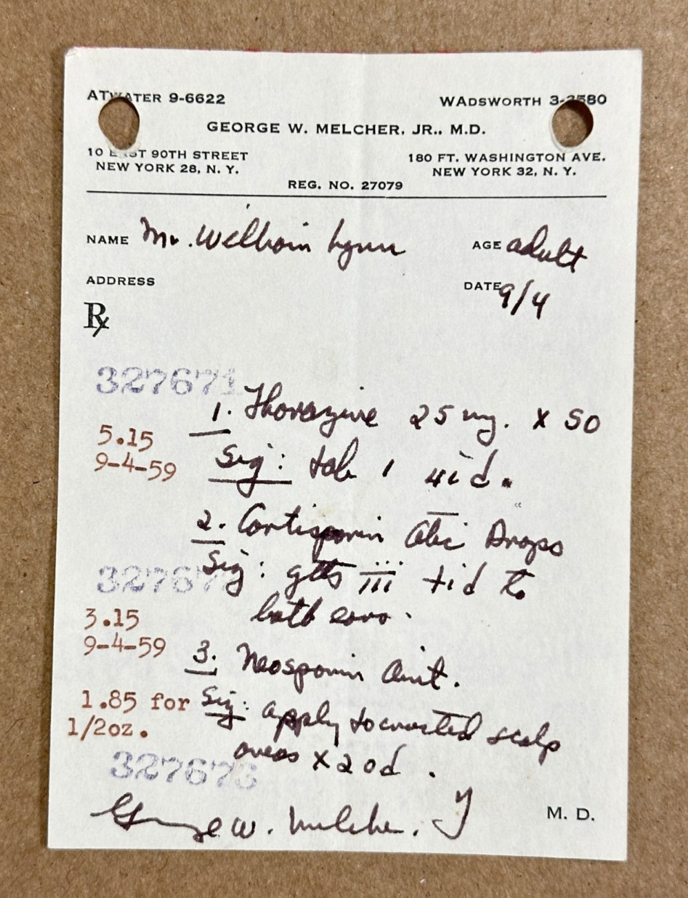 VTG September 1959 prescription for THORAZINE - NYC NY- schizophrenia psychosis