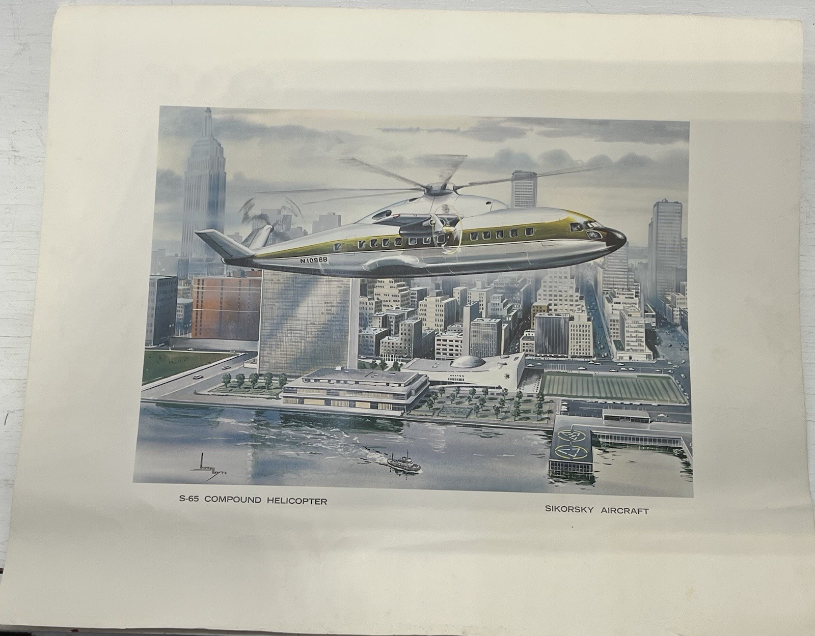 Sikorsky S-65 Compound Helicopter  Print 14 x 17 Vintage Flying Over NYC