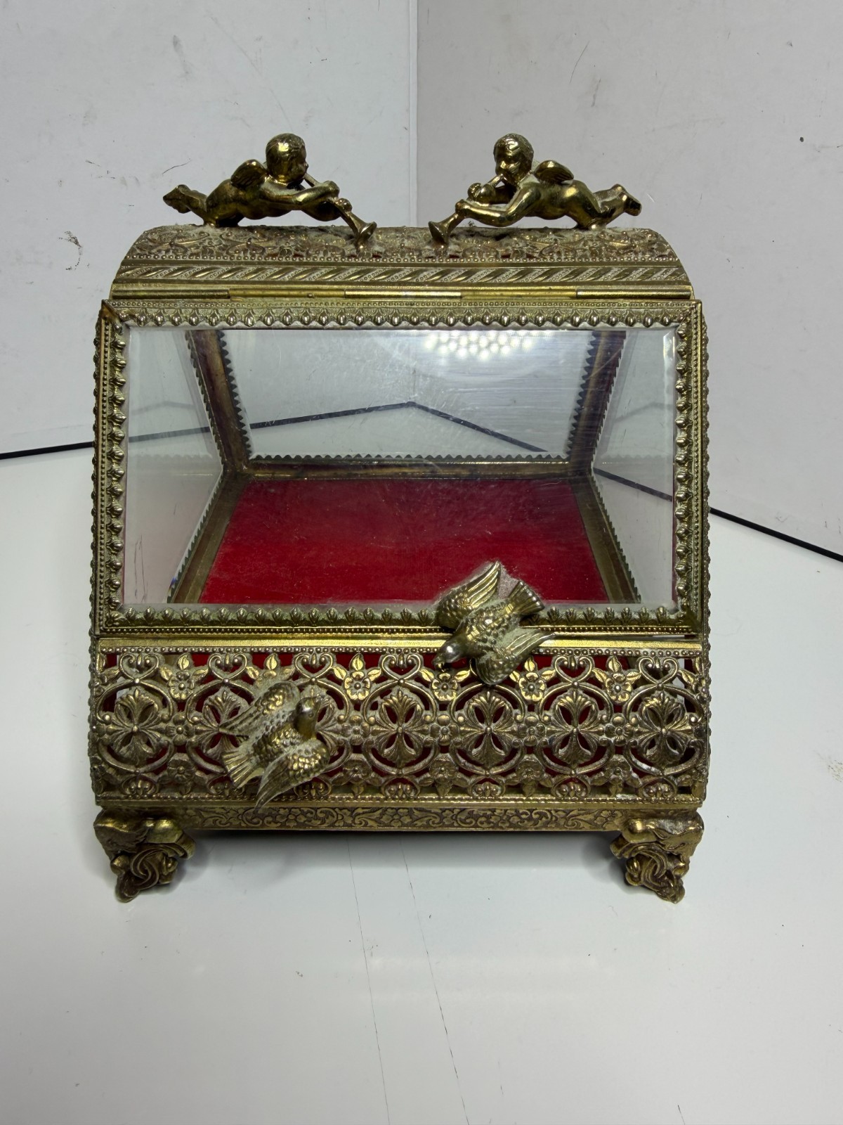 Vintage Ormolu Trinket Box w/ Cherubs and Birds and Beveled Glass Vintage Ormolu Trinket Box w/ Cherubs and Birds and Beveled Glass