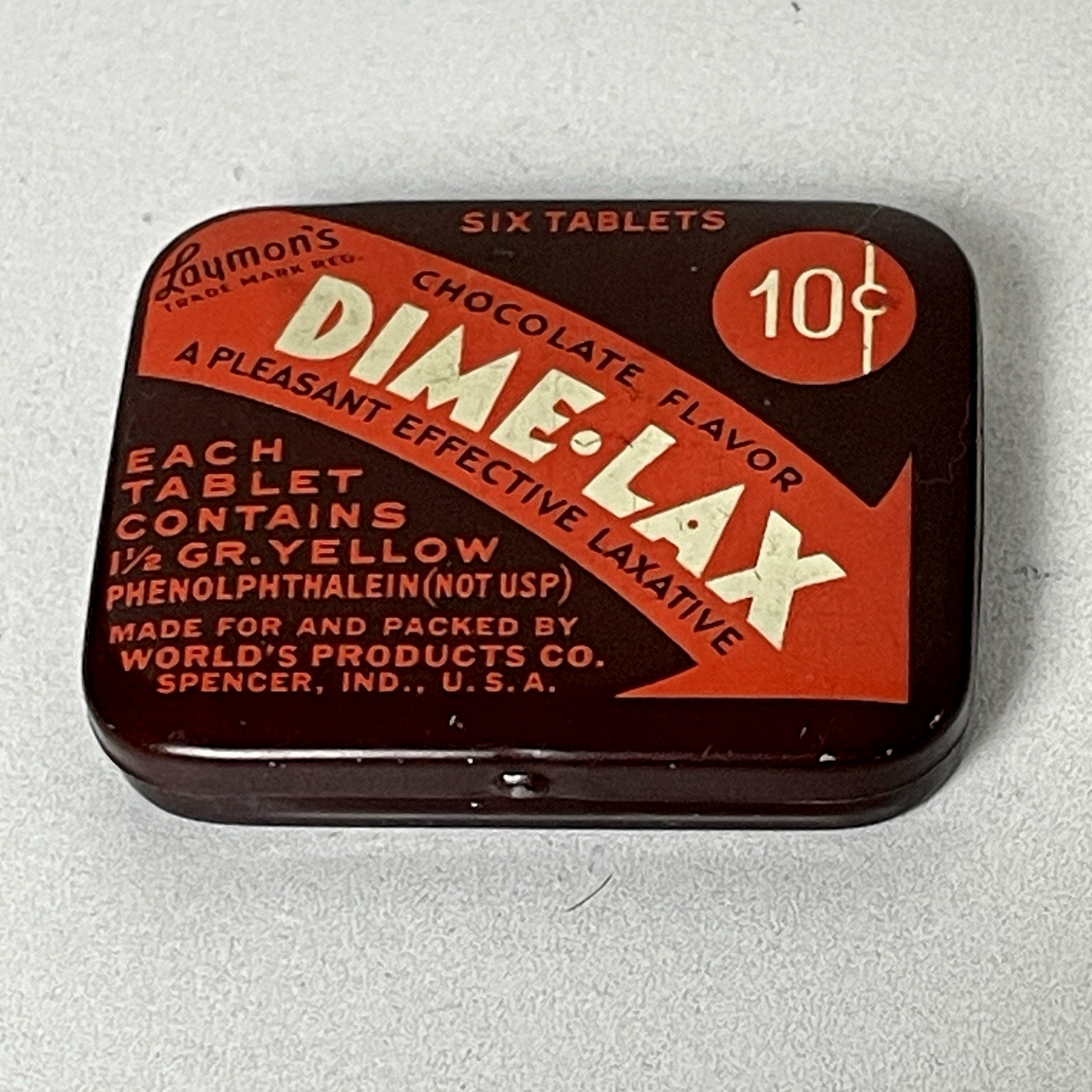 Vintage Laymon\'s Dime-Lax Chocolate Laxative 10¢ Advertising Medicine Tin