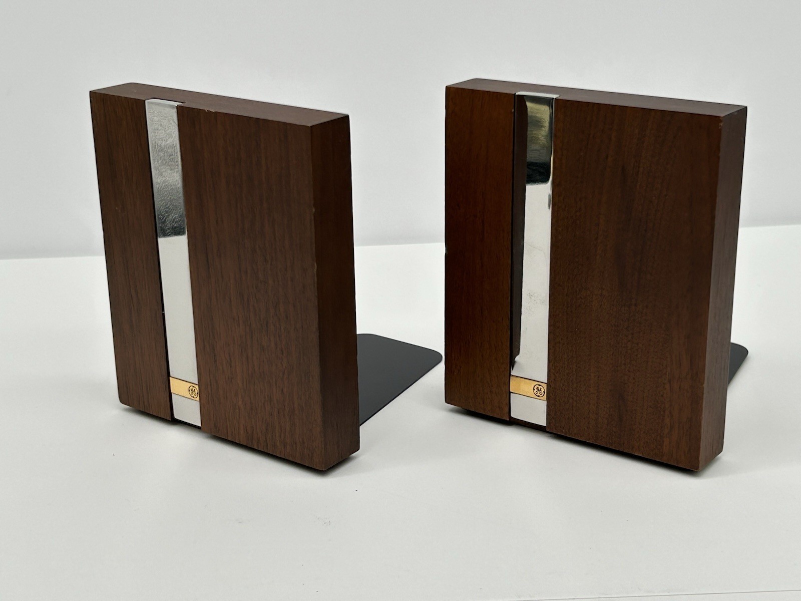 Vintage MCM Josten’s Walnut & Chrome GE General Electric Bookends Pair