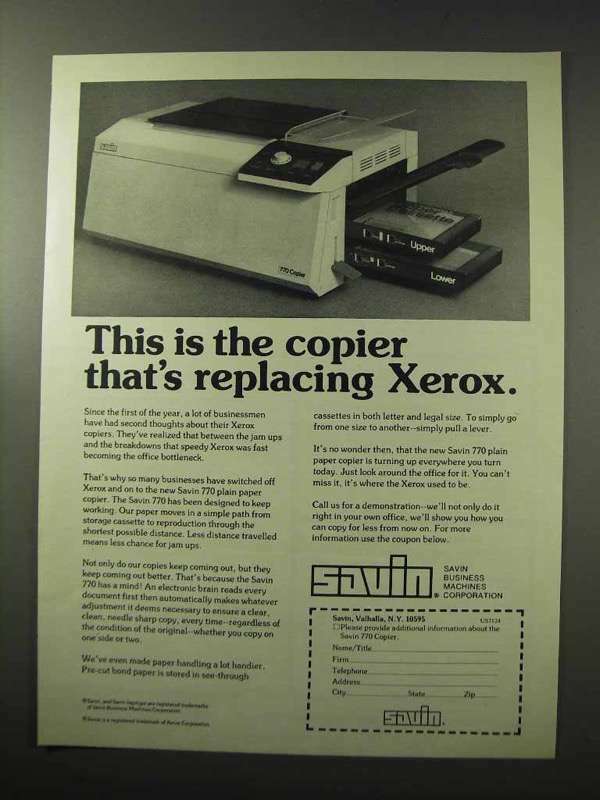 1977 Savin 770 Copier Ad - Replacing Xerox
