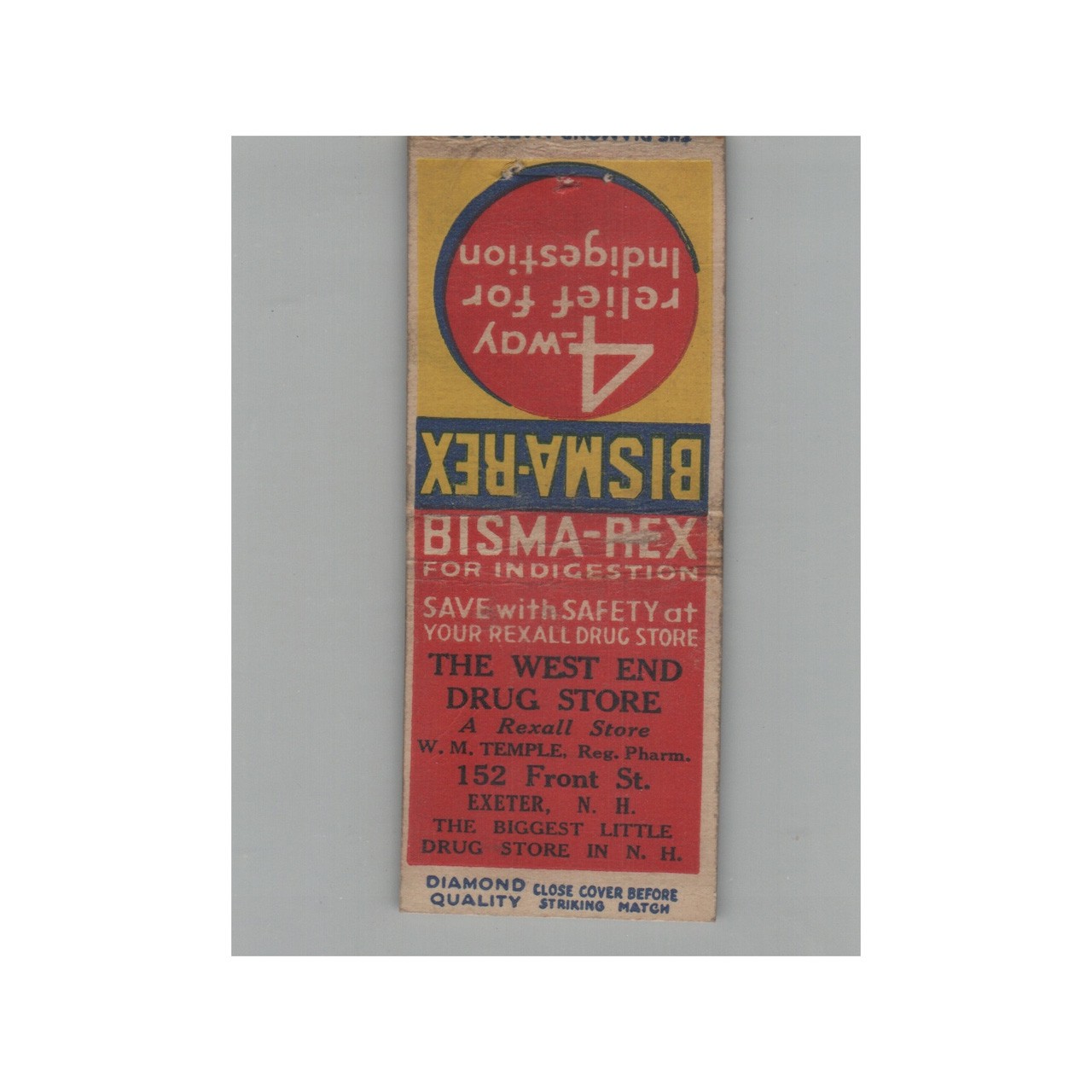 1930s Diamond Quality Matchbook Cover No Striker West End Drug Store Exeter NH