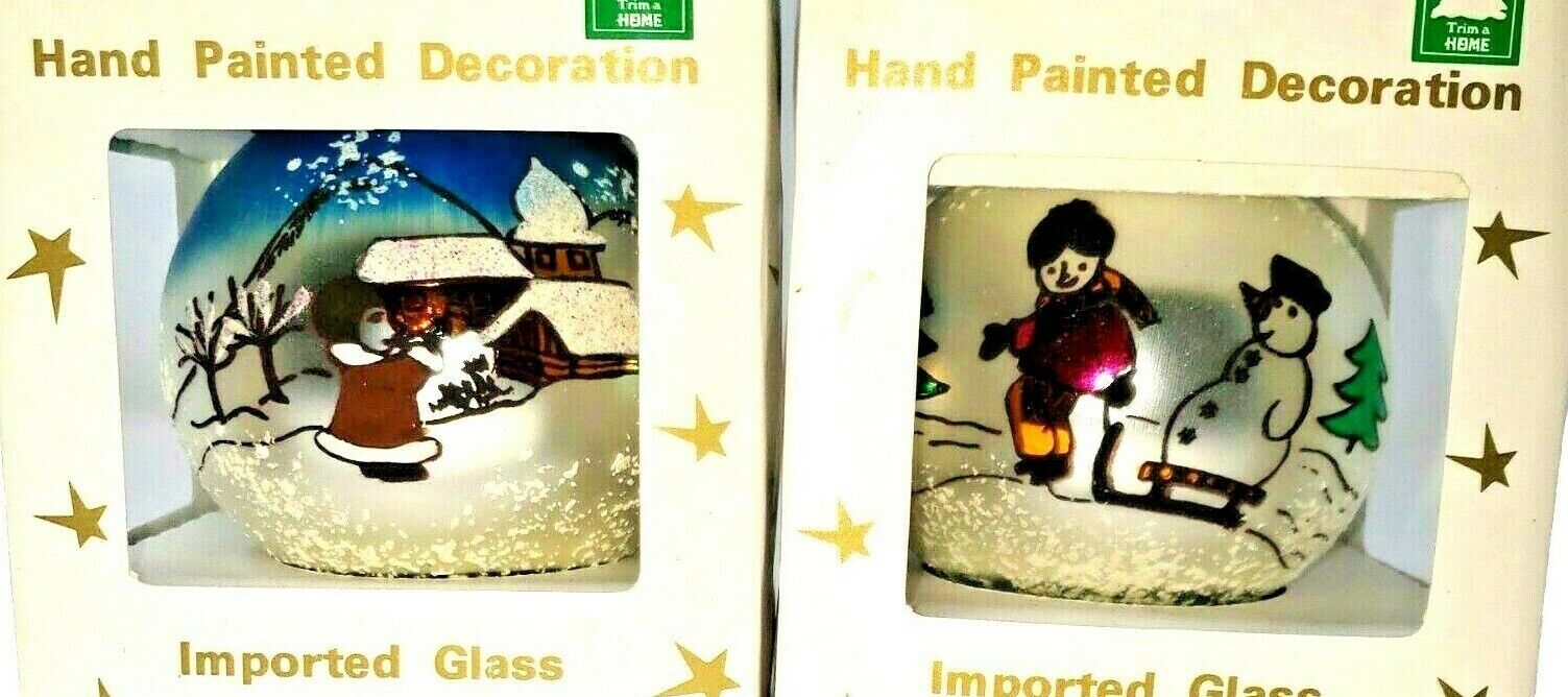 2 Hand Painted Christmas Glass Ornament Children Playing in Snow Snowman Outdoor