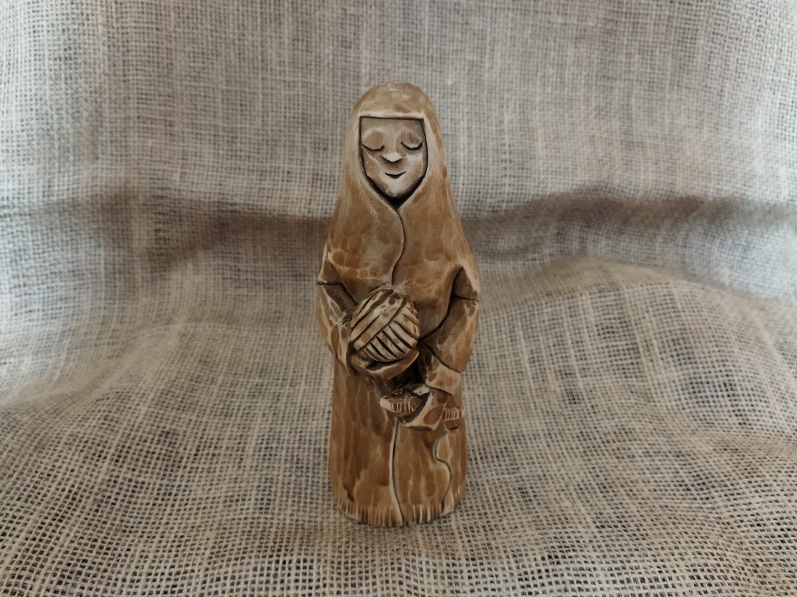 Hand Carved Linden Wood Spinner Figurine, Woman with Spindle