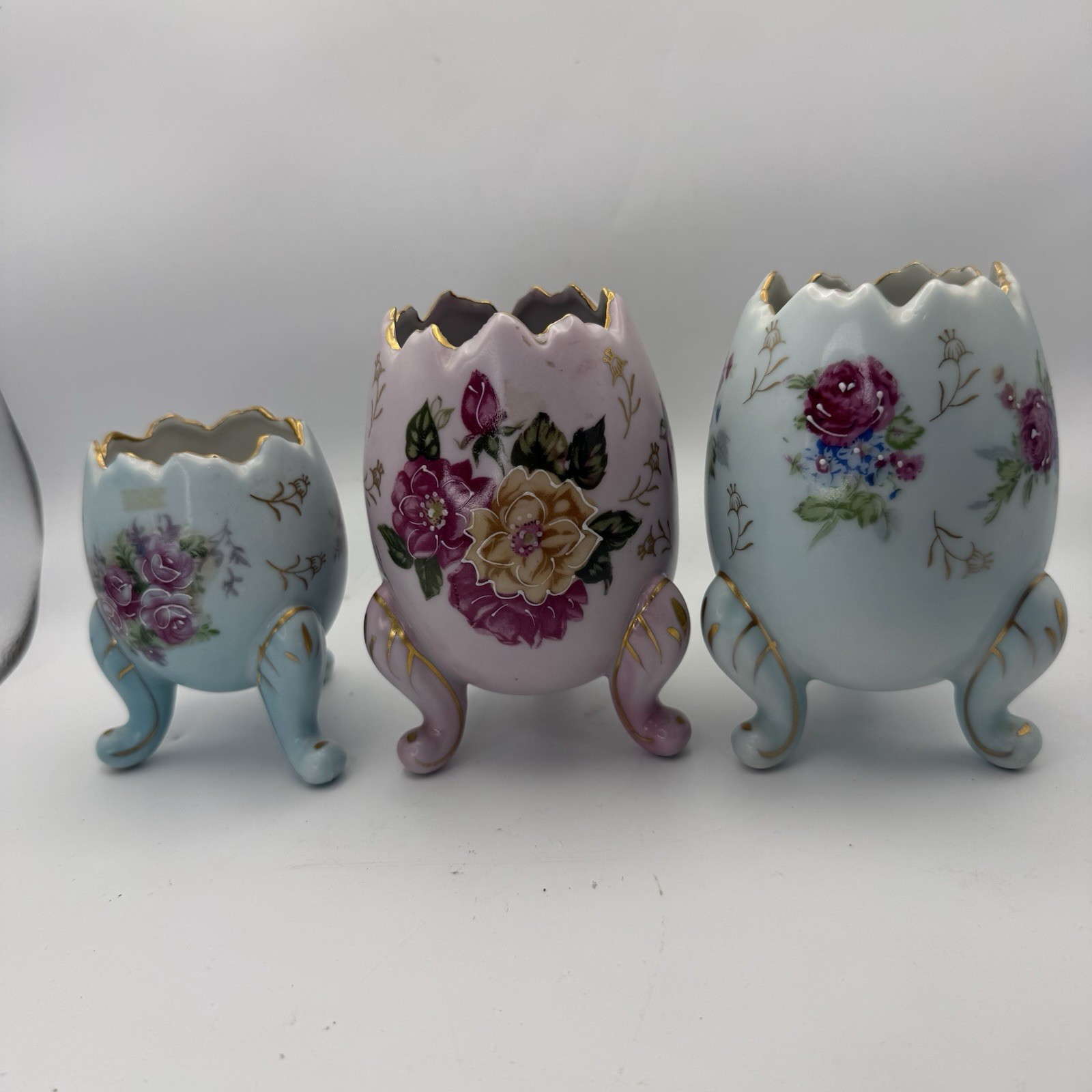 Vtg Napcoware Inarco Cracked Egg footed Vase Set Of 3 Pink Blue Floral Japan MCM
