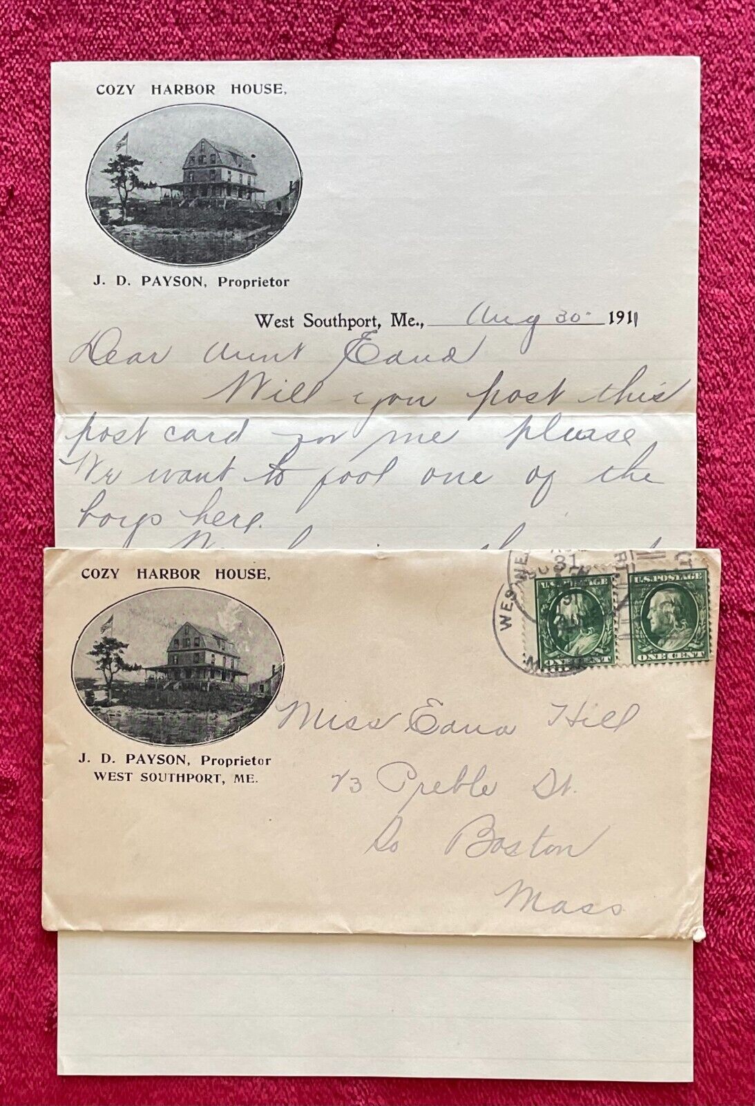 COZY HARBOR HOUSE WEST SOUTHPORT MAINE - 1911 COVER & LETTER