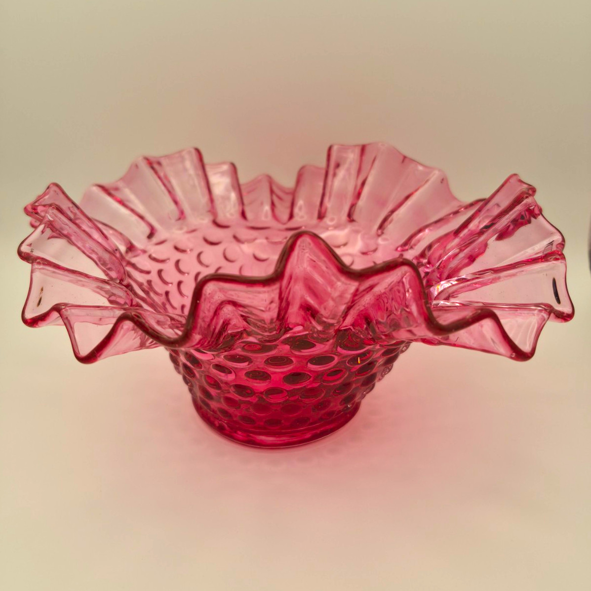 Vintage Fenton Cranberry Pink Hobnail Bowl Crimped Ruffled Edge Pink Art Glass