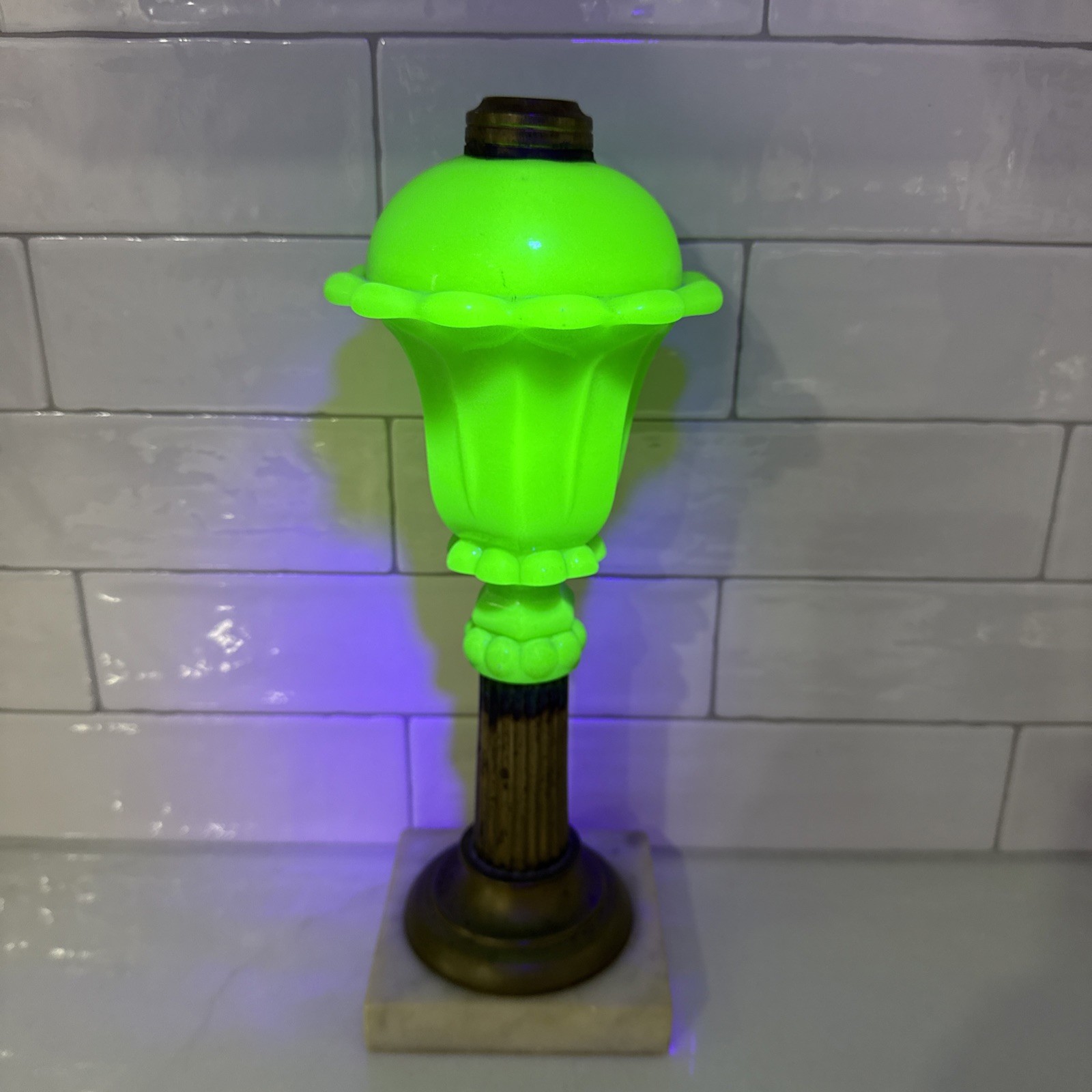 Antique 19th C Uranium Glass Whale Oil Lamp Jade Green Marble Base UV Glow NICE