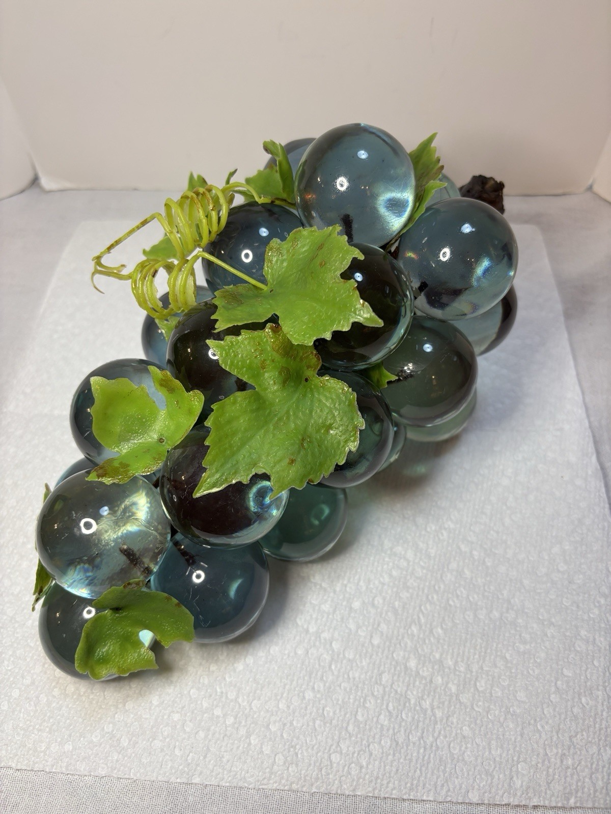 Vintage Cluster of Teal Lucite Grapes with Driftwood Stem 11” Full