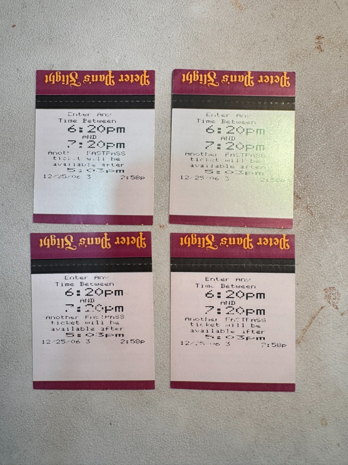 Rare Vintage Disney World FastPass Error Misprint Set 4 Peter Pan Xmas 2006