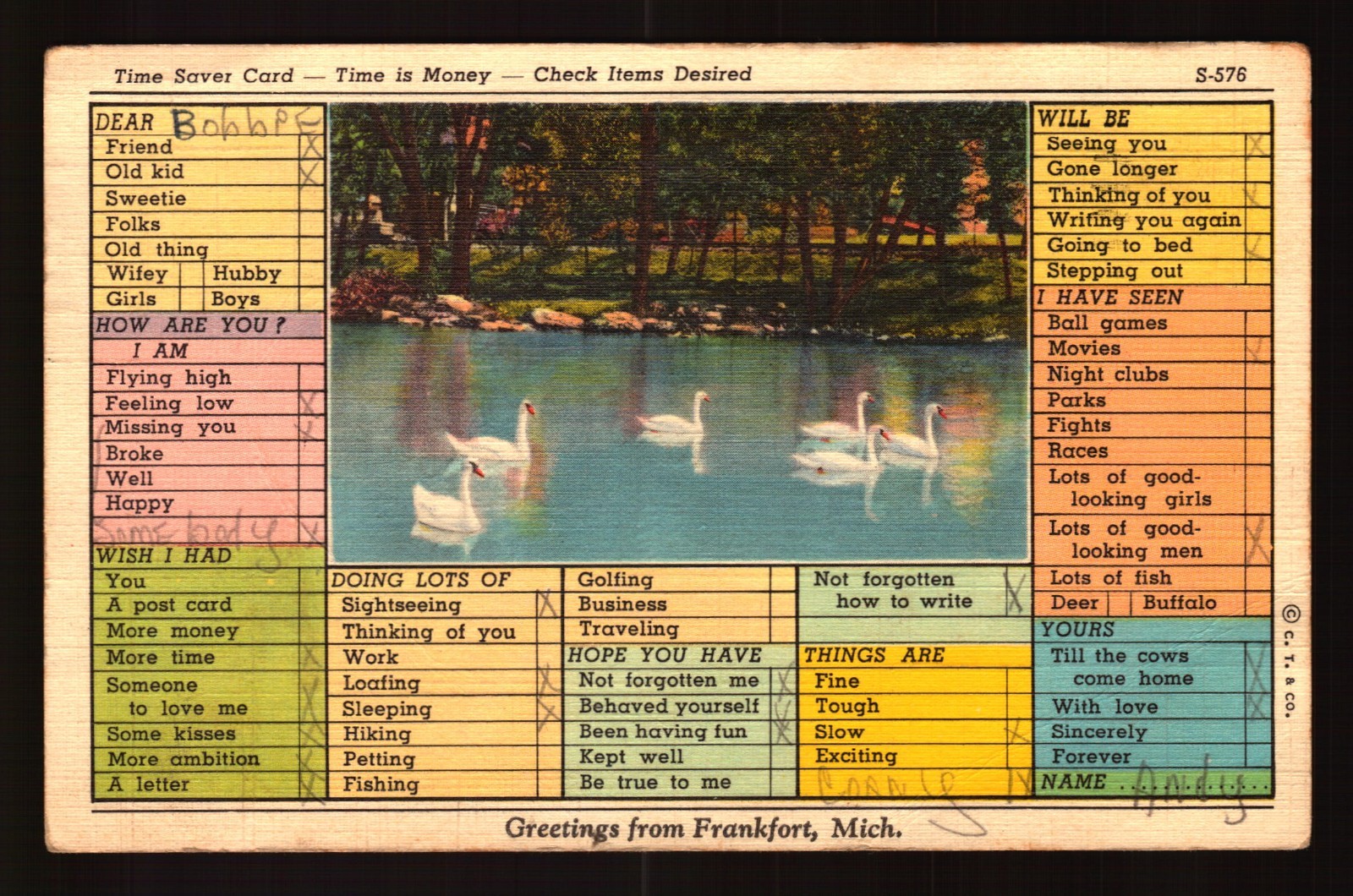 POSTCARD : MICHIGAN - FRANKFORT MI - LINEN GREETINGS FROM 1940 TIME SAVER CARD