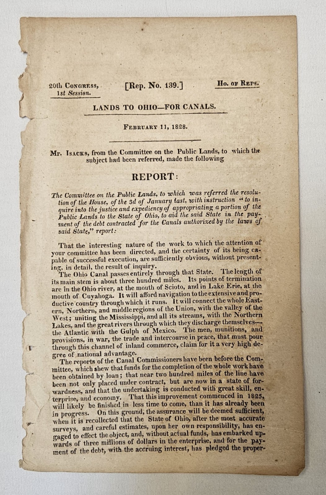 1828 Ohio Erie Canal Federal Land Grant House Report 139 Internal Improvements