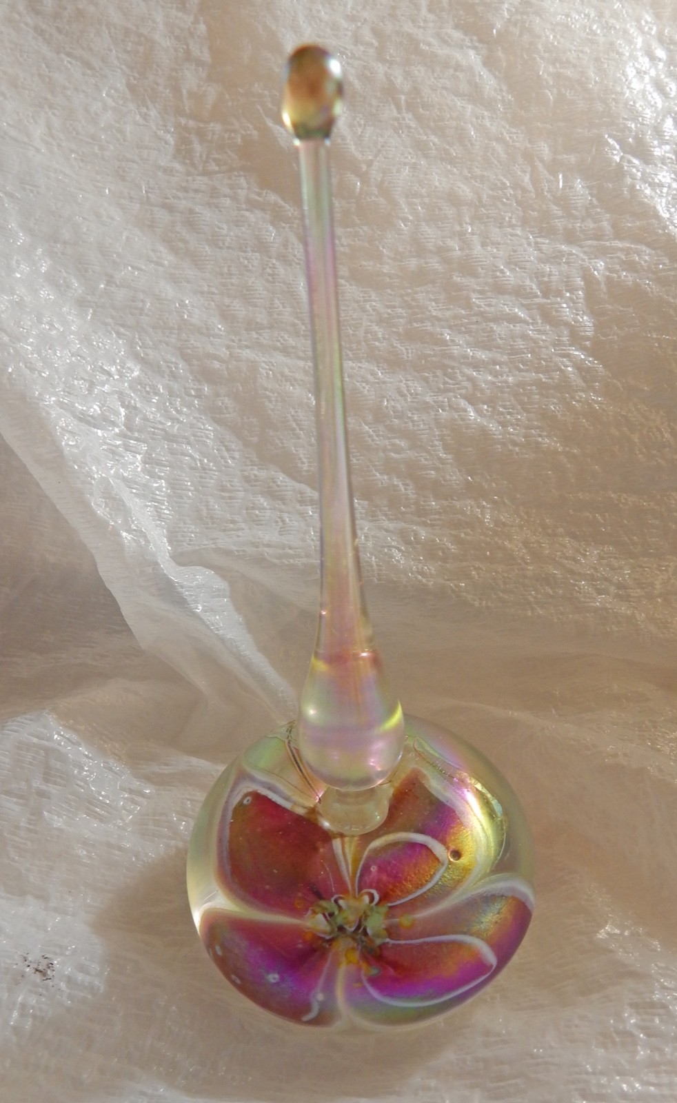 Iridescent Vintage American Hand Blown art glass Signed perfume bottle w stopper