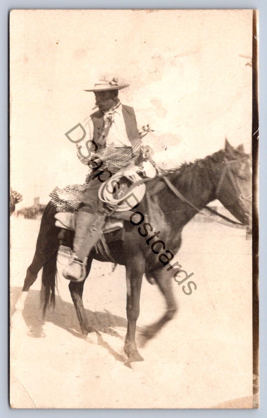K61/ Interesting RPPC Postcard c1910 Native Cowboy Lasso Horse Chaps Cigar 2