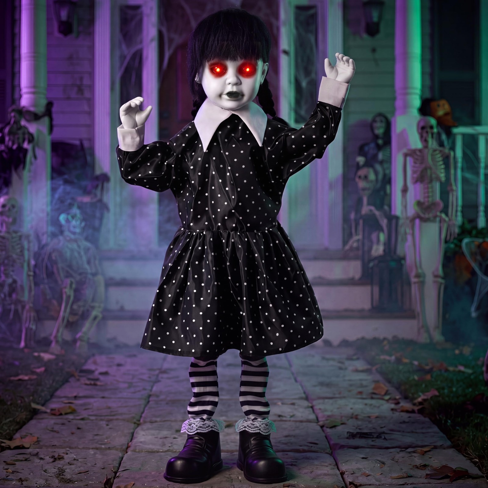 Spooky Animatronic School Girl Doll Prop - Sound Activated, LED Eyes, Creepy Sou
