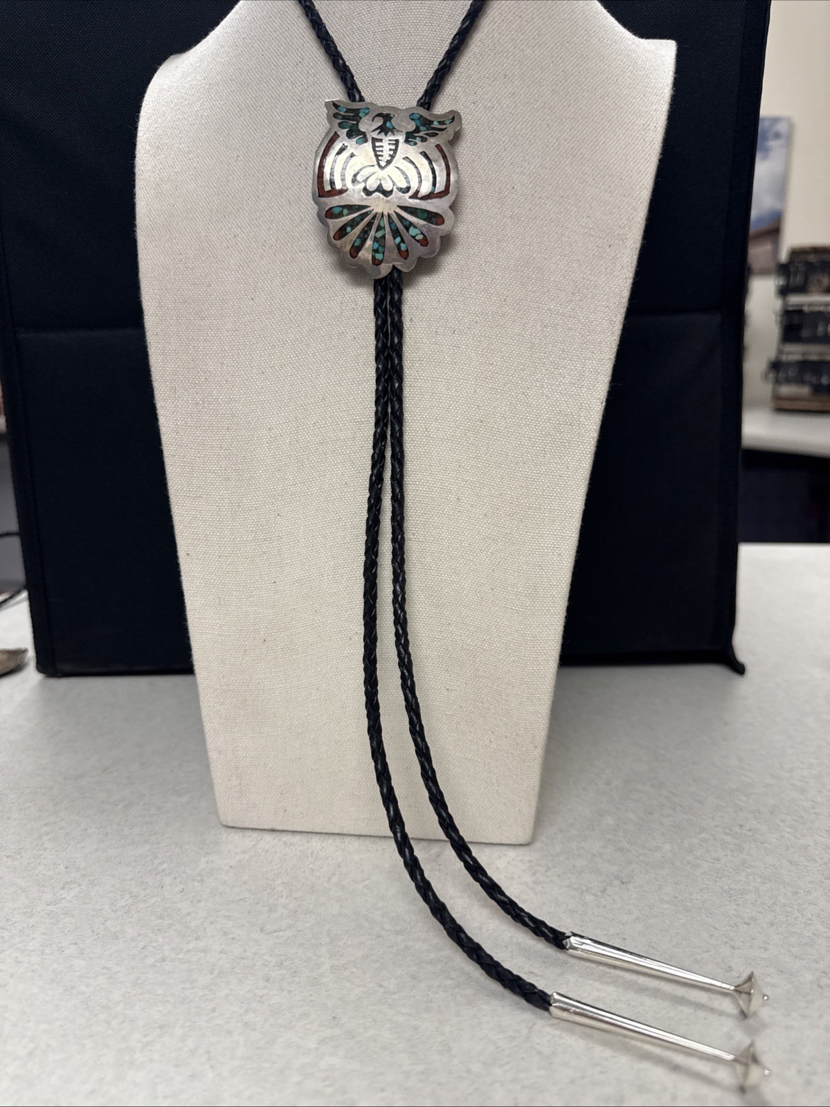 Vintage Native American Thunderbird w/ Turquoise Coral Leather Braid Bolo Tie Vintage Native American Thunderbird w/ Turquoise Coral Leather Braid Bolo Tie